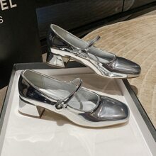 2023年春季新款女士瑪麗珍鞋，復古銀色Pu皮靴，方頭粗跟鞋 - 銀色 - 查看 3