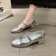 2023年春季新款女士瑪麗珍鞋，復古銀色Pu皮靴，方頭粗跟鞋 - 銀色 - 查看 2