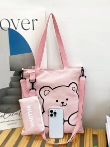 2 件裝女孩卡通熊印花帆布拉鍊開合單肩包套裝適合學校,帶學習包和鉛筆袋 - 粉色 - 查看 2