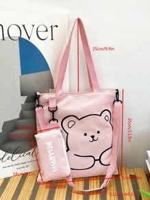 2 件裝女孩卡通熊印花帆布拉鍊開合單肩包套裝適合學校,帶學習包和鉛筆袋 - 粉色 - 查看 6