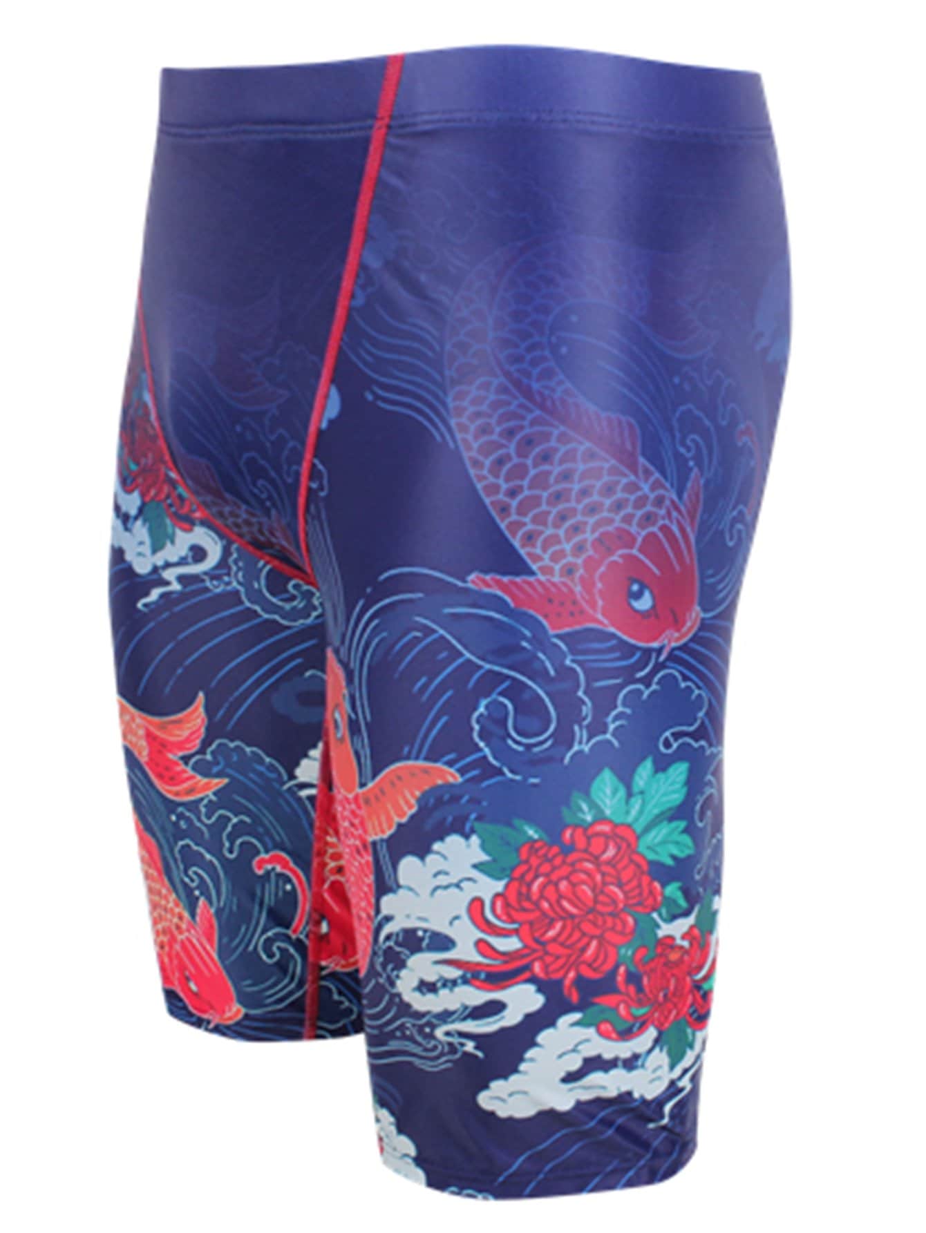 男士時尚印花泳褲，帶撞色防尷尬墊，競技游泳泳衣 - 藍色 - 查看 1