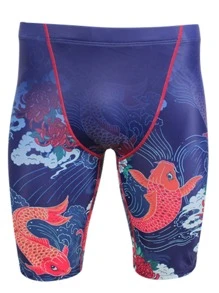 男士時尚印花泳褲，帶撞色防尷尬墊，競技游泳泳衣 - 藍色 - 查看 3