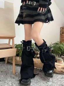 1 par de calentadores de piernas de moda con decoración de correa para mujeres, cómodos para las cuatro estaciones - Negro - Ver 2