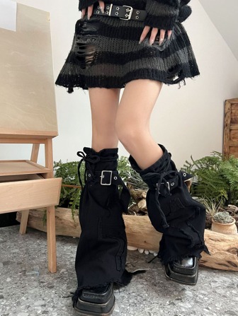 1双女士绑带装饰时尚四季通用腿套，舒适保暖