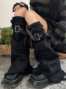 1 par de calentadores de piernas de moda con decoración de correa para mujeres, cómodos para las cuatro estaciones - Negro - Ver 5