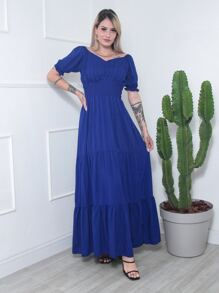 Vestido Longo Feminino Elastico - Azul Marinho - Visão 4