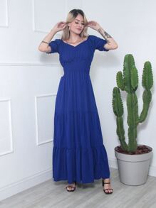Vestido Longo Feminino Elastico - Azul Marinho - Visão 1