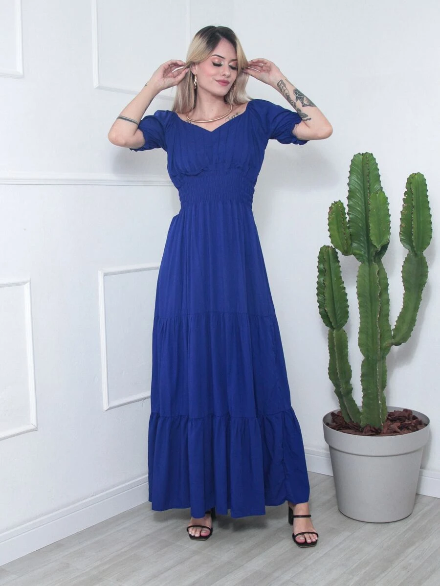 Vestido Longo Feminino Elastico - Azul Marinho - Visão 1