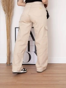 Calça jeans cargo Wide Leg  Cintura Alta  com 6 bolso 2023 modas - Bege - Visão 3