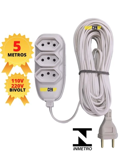 Extensão elétrica BRANCA 2,3,5 E 10 Metros Estensão de Energia 3 Tomadas Multiuso Universal 10 BRANCA