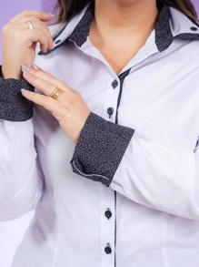 Camisa Manga Longa detalhe na gola Slim | Camisete | Moda Evangélica | Blusa Feminina | PLUS SIZE | SOCIAL - Preto e Branco - Visão 5