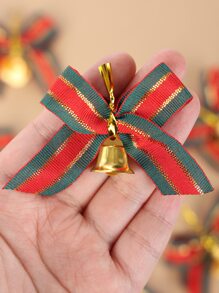 10pcs 2.16*2.36in Red & Green Ribbon & Bell Bowknot For Christmas Tree, Present Box Decoration