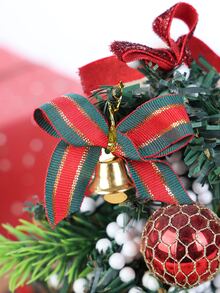 10pcs 2.16*2.36in Red & Green Ribbon & Bell Bowknot For Christmas Tree, Present Box Decoration