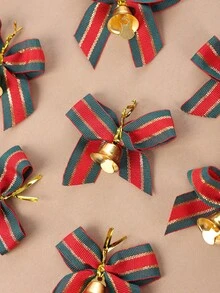 10pcs 2.16*2.36in Red & Green Ribbon & Bell Bowknot For Christmas Tree, Present Box Decoration
