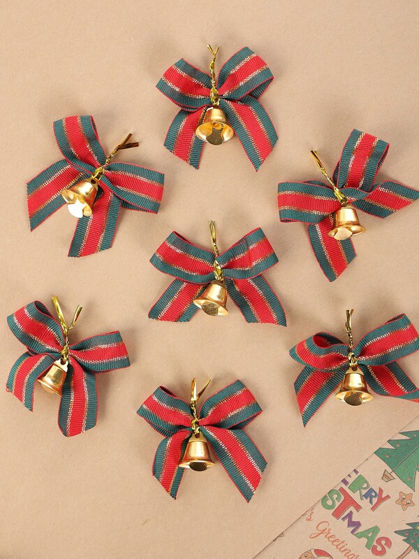 10pcs 2.16*2.36in Red & Green Ribbon & Bell Bowknot For Christmas Tree, Present Box Decoration