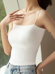 1Pc Solid Colour Women's Camisole With Built-In Padded Bra For Beautiful Back And White Basic Cami Top For Summer Innerwear Or Outwear - White - View 6