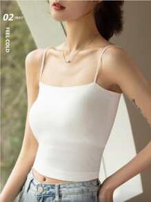 1Pc Solid Colour Women's Camisole With Built-In Padded Bra For Beautiful Back And White Basic Cami Top For Summer Innerwear Or Outwear - White - View 3