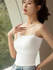 1Pc Solid Colour Women's Camisole With Built-In Padded Bra For Beautiful Back And White Basic Cami Top For Summer Innerwear Or Outwear - White - View 8