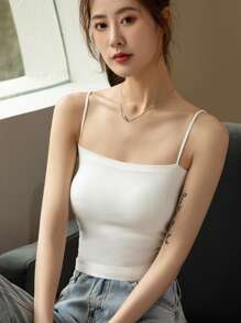 1Pc Solid Colour Women's Camisole With Built-In Padded Bra For Beautiful Back And White Basic Cami Top For Summer Innerwear Or Outwear - White - View 1