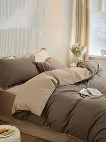 Coffee-colored Double-spliced Pressed Line Pillow Case Plus Coral Fleece Duvet Cover Three Piece Set