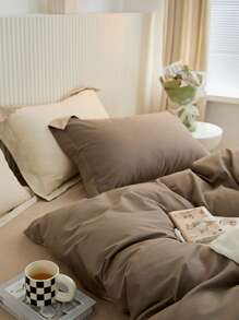 Coffee-colored Double-spliced Pressed Line Pillow Case Plus Coral Fleece Duvet Cover Three Piece Set