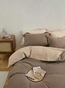 Coffee-colored Double-spliced Pressed Line Pillow Case Plus Coral Fleece Duvet Cover Three Piece Set
