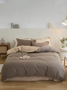 Coffee-colored Double-spliced Pressed Line Pillow Case Plus Coral Fleece Duvet Cover Three Piece Set