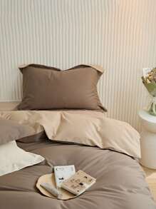 Coffee-colored Double-spliced Pressed Line Pillow Case Plus Coral Fleece Duvet Cover Three Piece Set