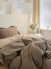 Coffee-colored Double-spliced Pressed Line Pillow Case Plus Coral Fleece Duvet Cover Three Piece Set