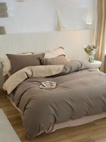 Coffee-colored Double-spliced Pressed Line Pillow Case Plus Coral Fleece Duvet Cover Three Piece Set