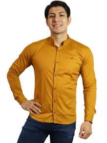 Camisa Lisa Manga Larga Para Hombre Slim Fit Cuello Mao - Amarillo Mostaza - Ver 2
