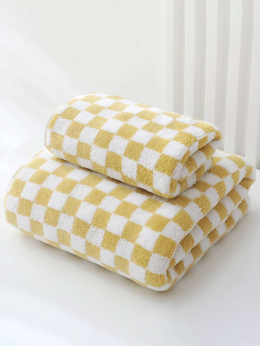 珊瑚絨柔軟舒適吸水方格印刷家庭成人情侶沐浴毛巾，可用於吹乾頭髮、擦拭手部和沐浴，也可用作沙發套、沙灘巾、游泳披肩等。有1入組34*75cm面巾、1入組40*80cm大面巾、1入組70*140cm浴巾或1入組90*170cm大浴巾提供選擇。 - 黃色 - 查看 1