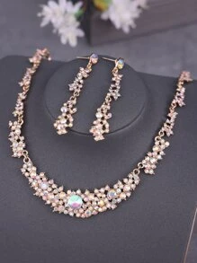 3pcs Women's Rhinestone Necklace & Earring Set, Bridal Jewelry Set - Gold - View 1