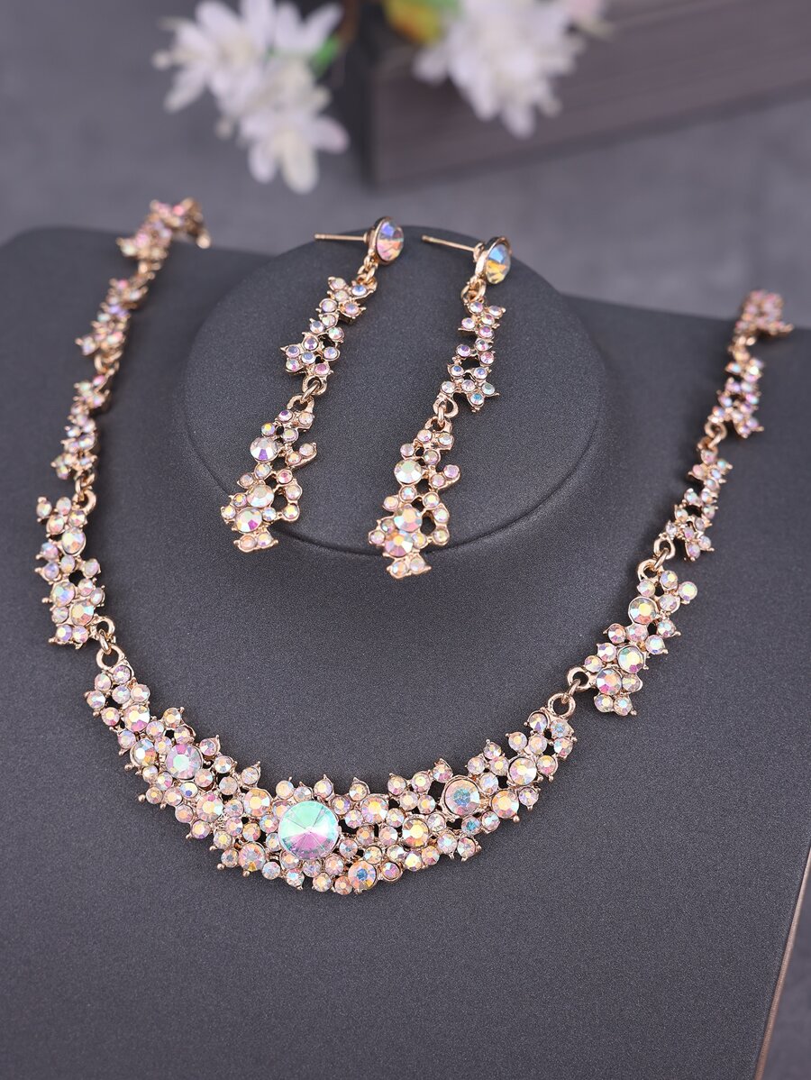 3pcs Women's Rhinestone Necklace & Earring Set, Bridal Jewelry Set - Gold - View 1