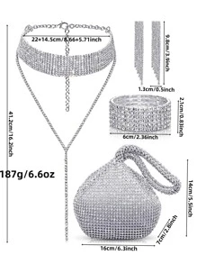 5 件情人節新娘禮物珠寶套裝水鑽流蘇項鍊彈性手鍊水晶吊墜流蘇耳環和水鑽手提包適合婚禮派對(閃光銀色) - 銀色 - 查看 7