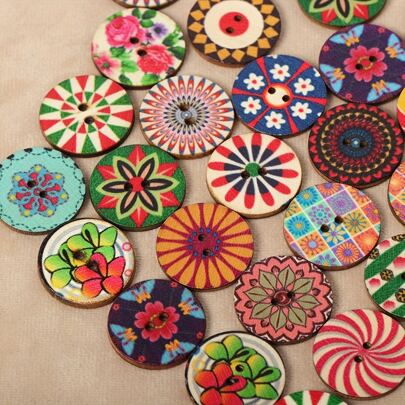 50pcs 20mm Vintage Mixed Color Painted Wooden Buttons For Sewing And Diy Crafting