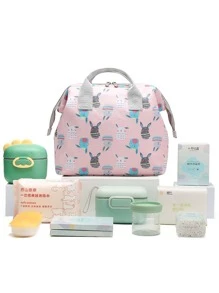 1 件多功能卡通印花媽咪包,時尚輕便嬰兒尿布包,適合戶外使用 - 粉色 - 查看 5