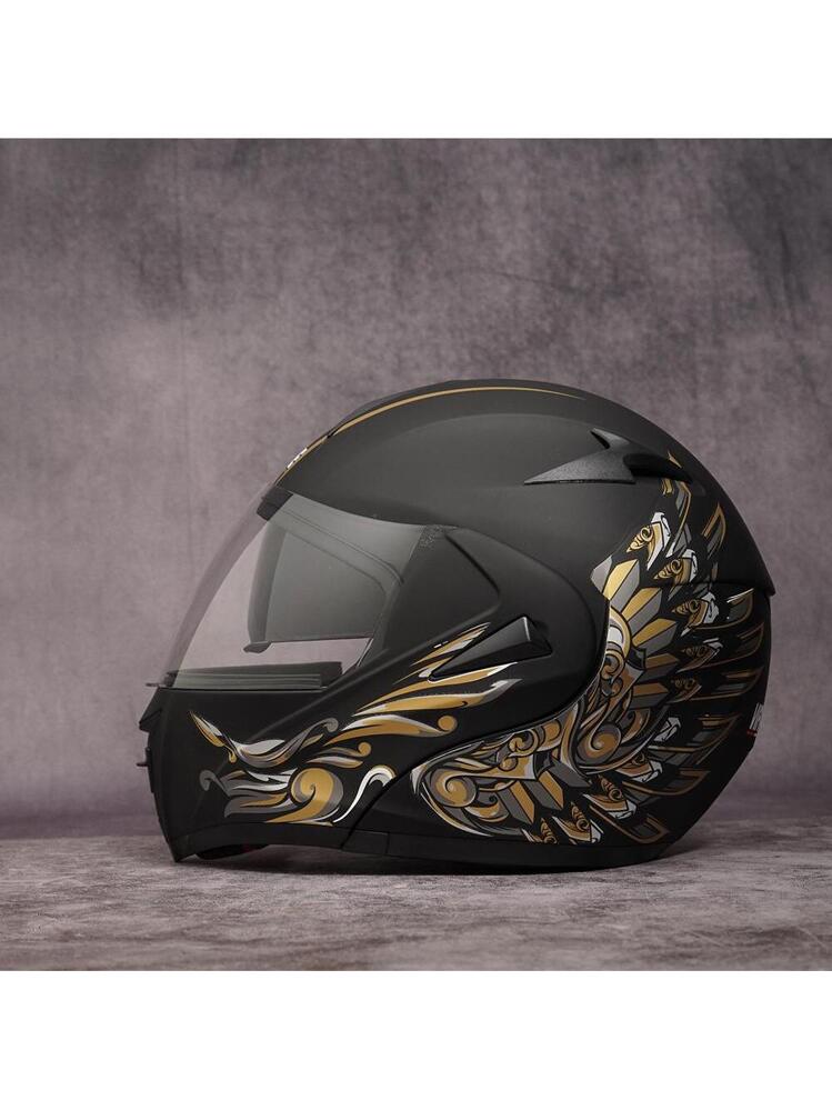 angel wing motorcycle helmet 1pc Black And Gold Universal Four Season Motorcycle Helmet With Angel Wings  Design For Off-road Riding