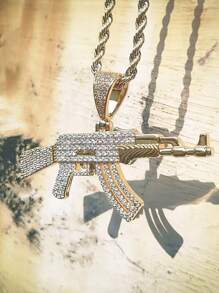 Copper Inlaid Cubic Zirconia Flashing Submachine Gun Pendant, Men's Pendant - Yellow Gold - View 3