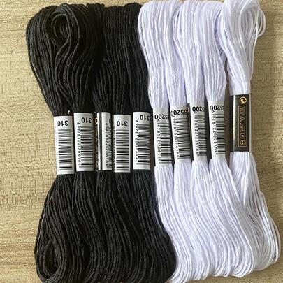 10pcs/set White and Black Cross Stitch Embroidery Thread, Hand Embroidery Floss, For DIY Sewing