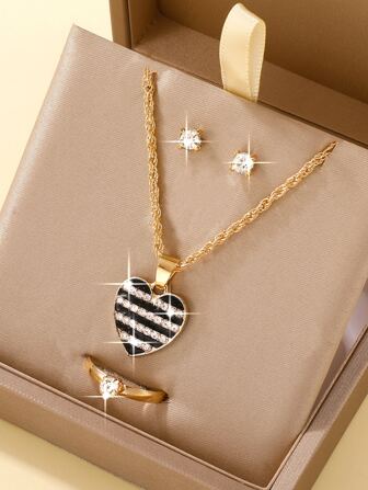 4pcs Women's Beach Heart Shape Rhinestone Jewelry Set