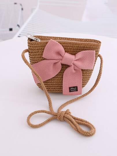 1pc New Style Girls' Grass Woven Bag With Bow Decoration Suitable For Daily Use