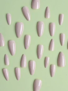 24入組實色長杏仁形假指甲套裝，提升您的風格，非常適合女性日常工作、聚會舞會穿戴，即貼式裝飾指甲供應 - 駝色 - 查看 3