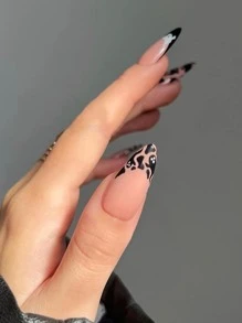 VV MEI JIA ER 自貼美甲中長款自然裸色底蜘蛛網和黑色法式設計假指甲尖甲杏仁形全覆蓋假指甲，適用於女性和女孩派對美甲裝飾，24片和1張膠帶和1個指甲文件，美甲工具 - 彩色 - 查看 2