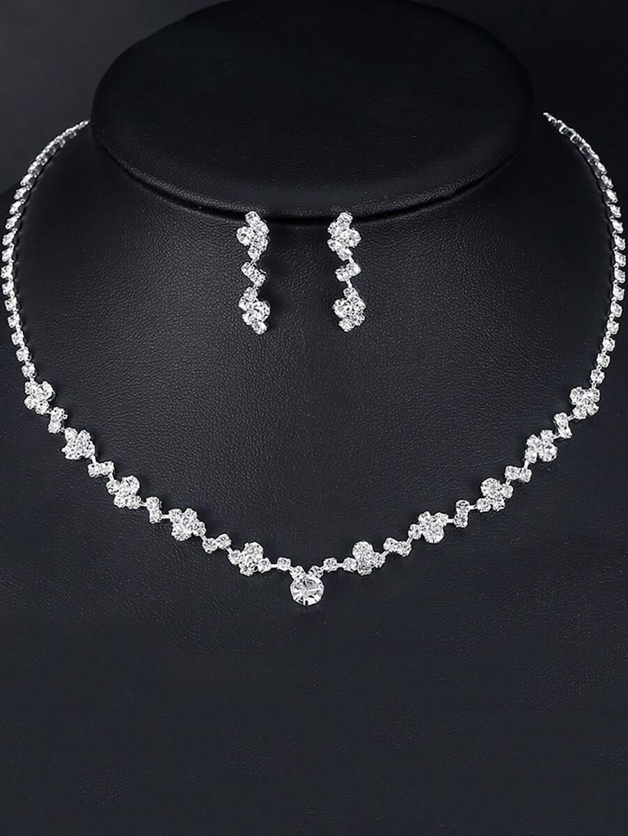 1pc Women's Rhinestone Necklace With 1 Pair Rhinestone Earrings Set Suitable For Wedding, Party And Gathering Halloween - Silver - View 1