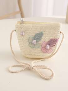 1pc Girls' New Cartoon Clover Design Straw Woven Princess Handbag, Cute For Daily Use - White - View 4