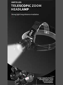 jihuo Led可重複使用頭燈,頭燈xhp70超亮90000高流明,4種模式,連電池,可縮放,防水頭燈,適用於露營,狩獵,跑步,釣魚,騎自行車 - 黑色 - 查看 5