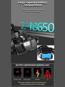 jihuo Led可重複使用頭燈,頭燈xhp70超亮90000高流明,4種模式,連電池,可縮放,防水頭燈,適用於露營,狩獵,跑步,釣魚,騎自行車 - 黑色 - 查看 6