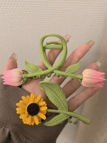 2个/套 时尚向日葵郁金香花形金属彩绘发爪夹，适合女性日常佩戴，波西米亚风，情人节礼物，发饰，发夹，发卡，发饰夹，发饰夹，校园用品，大学秋冬季发夹，适合度假装扮，夏季度假发夹，节日，派对发夹 - 彩色 - 查看 1