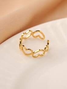 1pc Fashionable Gold Stainless Steel Hollow Heart Adjustable Open Ring, Versatile Retro Streetwear Y2K Punk Style - Yellow Gold - View 3